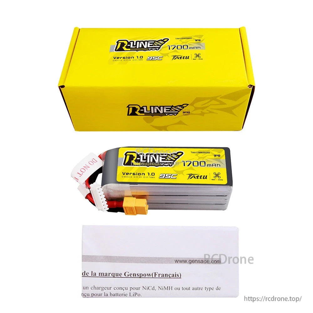 Tattu R-Line 1700mAh 6S 22.2V 95C LiPo battery pack with XT60-style plug, balance lead, and box