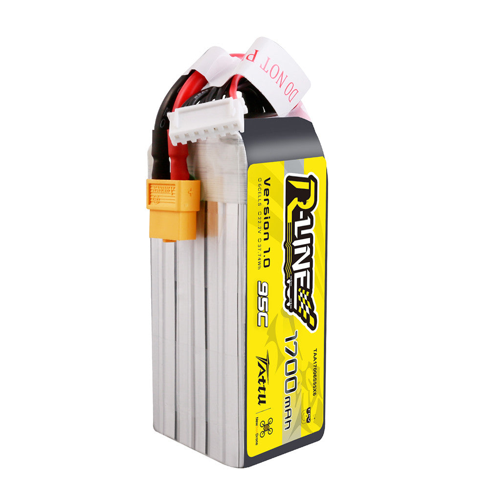 Tattu R-Line 1700mAh 6S 22.2V 95C LiPo Battery, Tattu R-Line 1700mAh 6S 22.2V LiPo battery pack with XT60 power plug and white balance connector