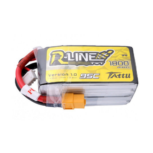 Tattu R-Line 1800mAh 4S 14.8V 95C LiPo battery pack with yellow XT60 connector and lead wires
