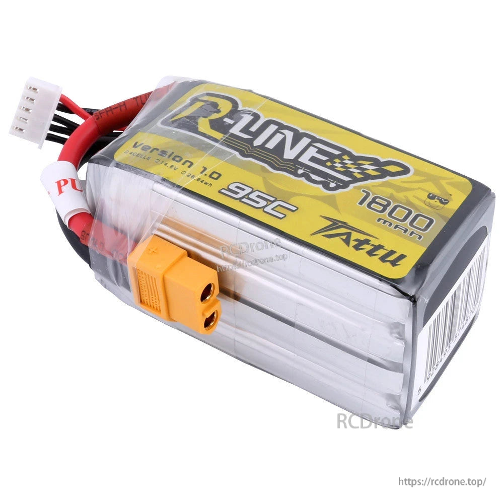 Tattu R-Line 1800mAh 4S 14.8V 95C LiPo battery with XT60 main plug and 4S balance lead