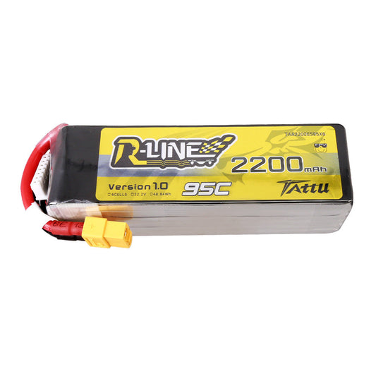Tattu R-Line 2200mAh 6S 95C 22.2V LiPo Battery, Tattu R-Line 2200mAh 6S 22.2V 95C LiPo battery pack with yellow XT60 connector and balance lead