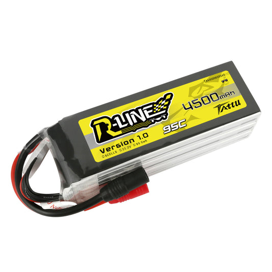 Tattu R-Line 4500mAh 6S1P 22.2V 95C LiPo Battery, Tattu R-Line 4500mAh 6S 22.2V 95C LiPo battery pack with wrapped cells, power lead and balance lead