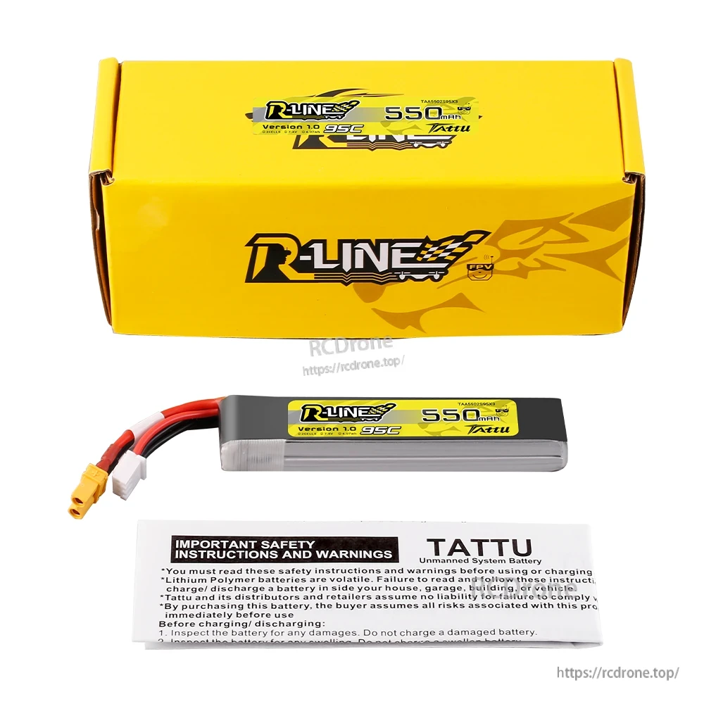 Tattu R-Line 550mAh 2S 7.4V 95C LiPo Battery, Tattu R-Line 550mAh 95C LiPo battery pack with yellow XT30-style lead, balance plug, and R-Line box