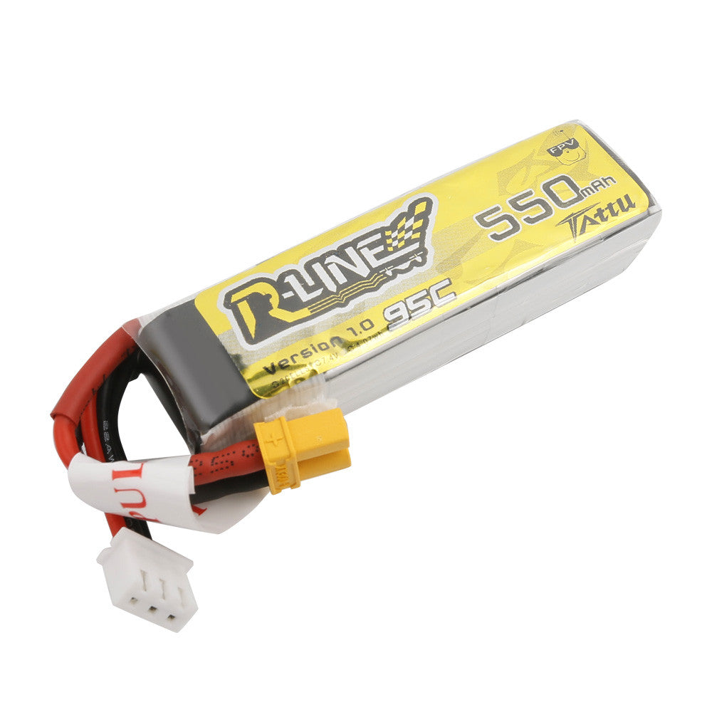 Tattu R-Line 550mAh 2S 7.4V 95C LiPo battery pack with yellow XT30-style connector and balance lead