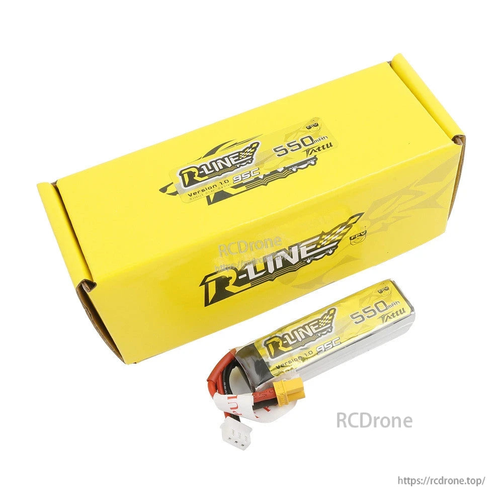 Tattu R-Line 550mAh 2S 7.4V 95C LiPo Battery, Tattu R-Line 550mAh 2S LiPo battery with XT30 main plug and 2S balance lead, pictured with yellow box