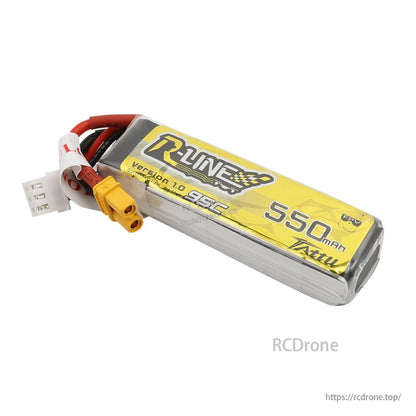 Tattu R-Line 550mAh 2S 7.4V 95C LiPo battery with yellow XT30 connector and white balance lead