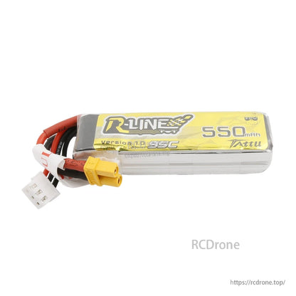 Tattu R-Line 550mAh 2S 7.4V 95C LiPo battery pack with yellow XT30-style connector and 2S balance lead