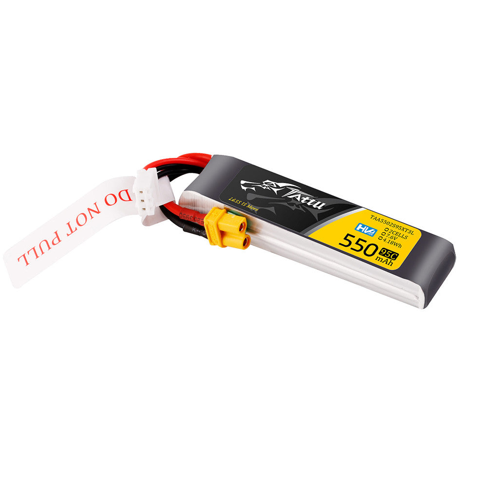 Tattu R-Line 550mAh 2S 7.6V HV LiPo battery pack with yellow XT30-style plug and white balance lead