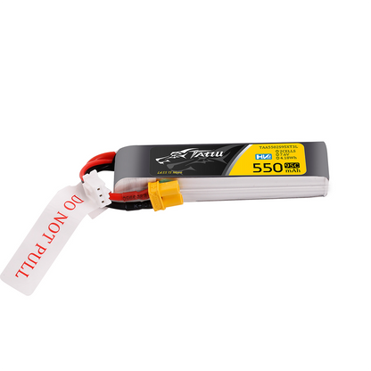 Tattu R-Line 550mAh 2S 7.6V HV LiPo battery pack with XT30 plug, balance lead, and 95C label