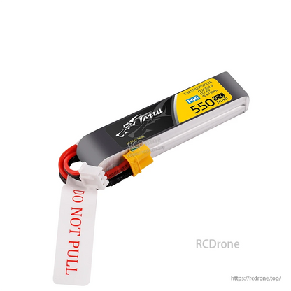 Tattu R-Line 550mAh 2S 7.6V HV LiPo Battery, Tattu R-Line HV 2S 7.6V 550mAh LiPo battery pack with XT30 plug, balance lead, and "DO NOT PULL" tag