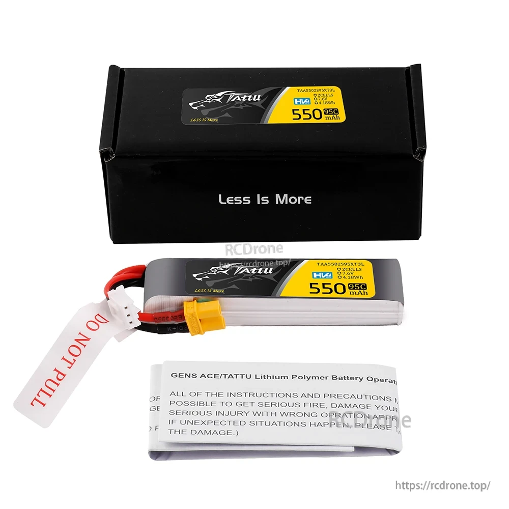 Tattu R-Line 550mAh 2S 7.6V HV LiPo battery with XT30 lead, balance plug, and black retail box