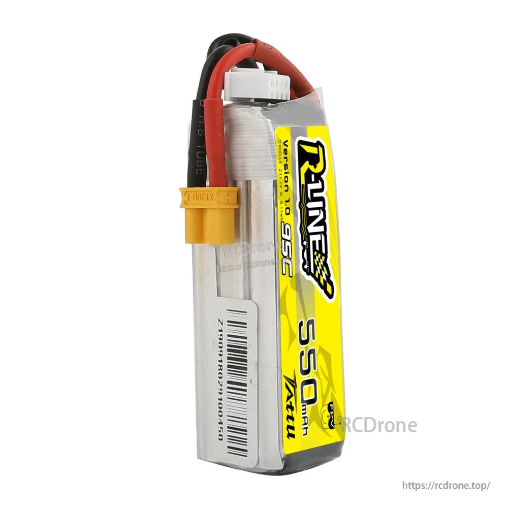 Tattu R-Line 550mAh 3S 11.1V 95C LiPo Battery, Tattu R-Line 550mAh 3S LiPo battery pack with 95C label, balance lead, and yellow XT30 connector