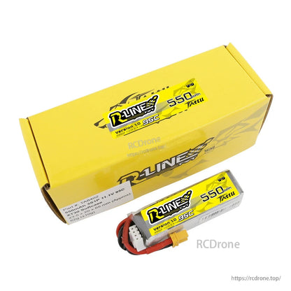 Tattu R-Line 550mAh 3S 11.1V 95C LiPo battery pack with balance lead and yellow connector beside box