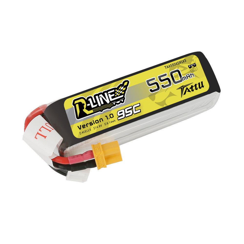 Tattu R-Line 550mAh 4S 14.8V 95C LiPo battery pack with XT30-style plug and balance lead