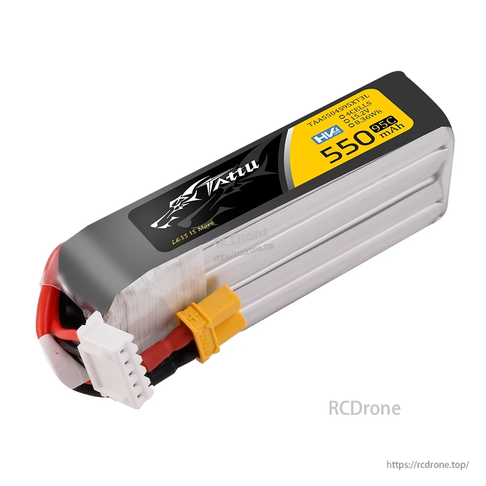 Tattu R-Line 550mAh 4S 15.2V HV 95C LiPo Battery, Tattu R-Line 550mAh 4S HV LiPo battery pack with XT30 power lead and white balance connector