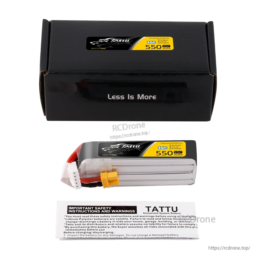 Tattu R-Line 550mAh 4S 15.2V HV 95C LiPo Battery, Tattu R-Line 550mAh 4S HV LiPo battery with XT30 connector, balance plug, and safety instructions