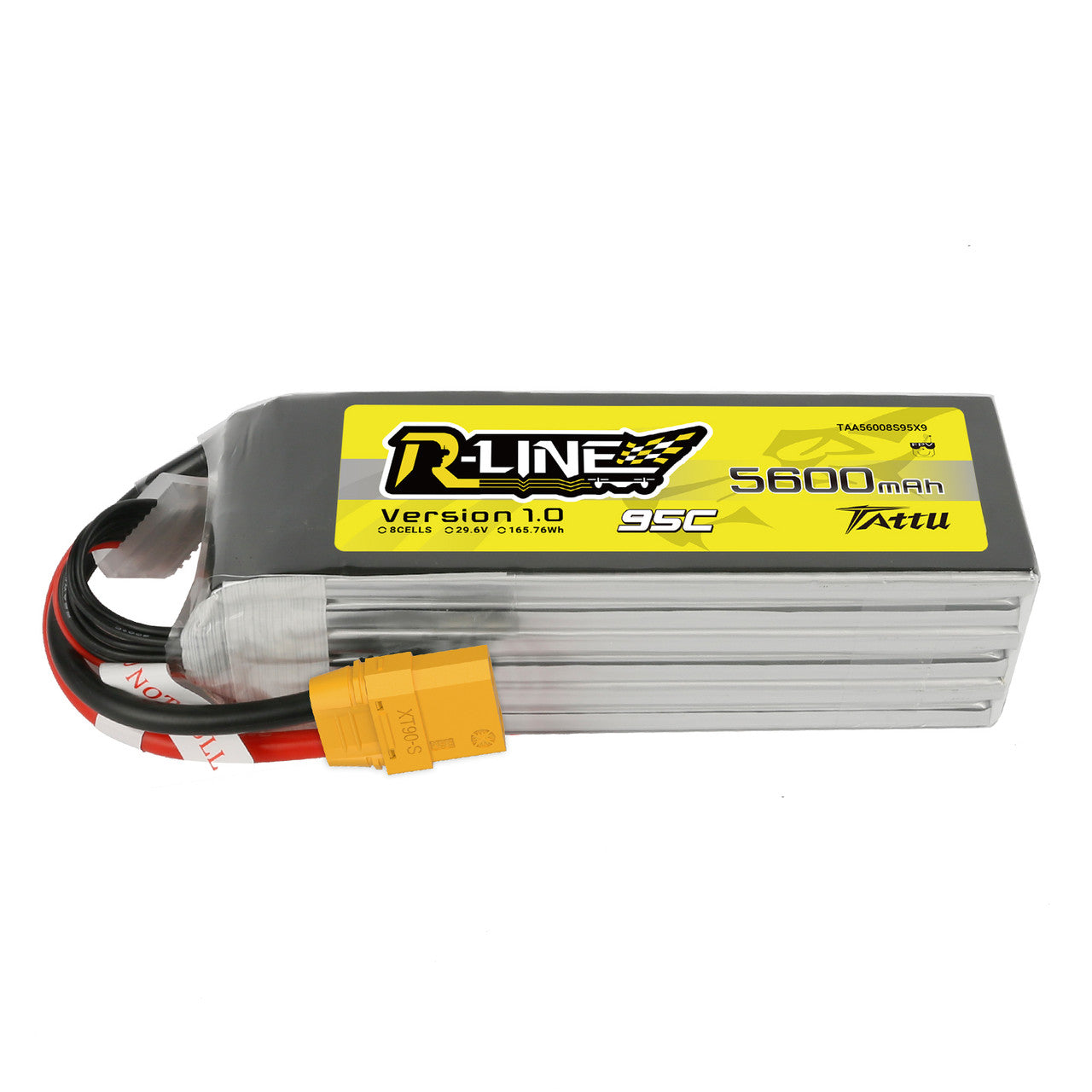 Tattu R-Line 5600mAh 8S LiPo battery pack (29.6V, 95C) with yellow XT90-S connector and leads