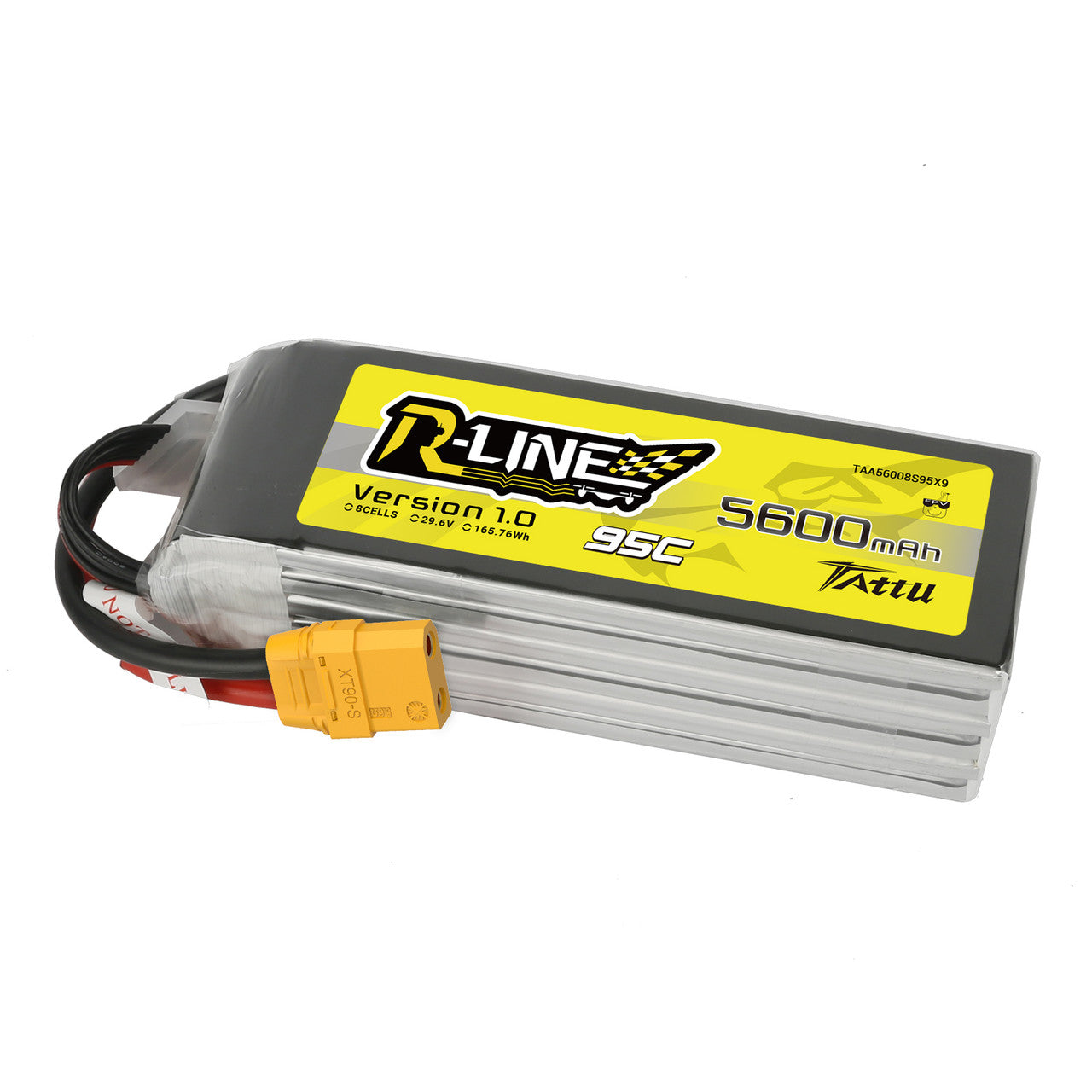 Tattu R-Line 5600mAh 8S LiPo battery pack labeled 29.6V 165.76Wh 95C with XT90-S connector