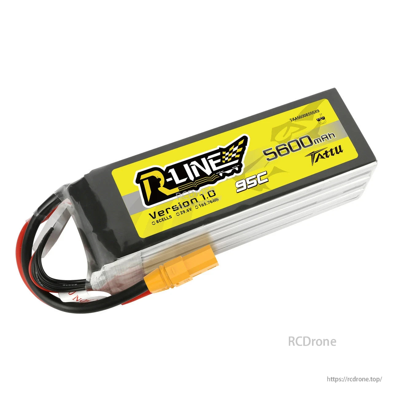 Tattu R-Line 8S LiPo battery pack 5600mAh 95C with yellow XT90-S connector, labeled 29.6V 165.76Wh