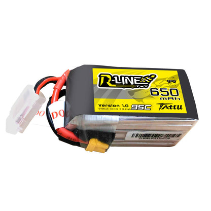 Tattu R-Line 650mAh 6S 22.2V 95C LiPo battery pack with yellow XT60-style main plug and balance connector