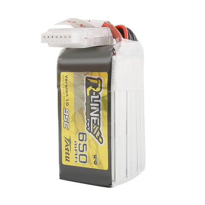 Tattu R-Line 650mAh 6S 22.2V 95C LiPo Battery, Tattu R-Line 650mAh 6S 22.2V LiPo battery with 95C label, top balance connector, and power leads