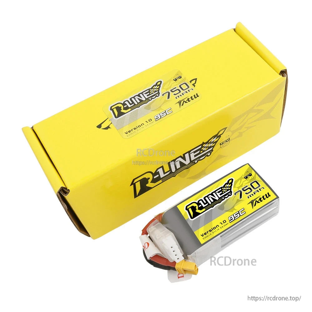 Tattu R-Line 750mAh 3S 11.1V 95C LiPo Battery, Tattu R-Line 750mAh 3S 95C LiPo battery pack with balance lead and yellow main connector, shown with yellow box