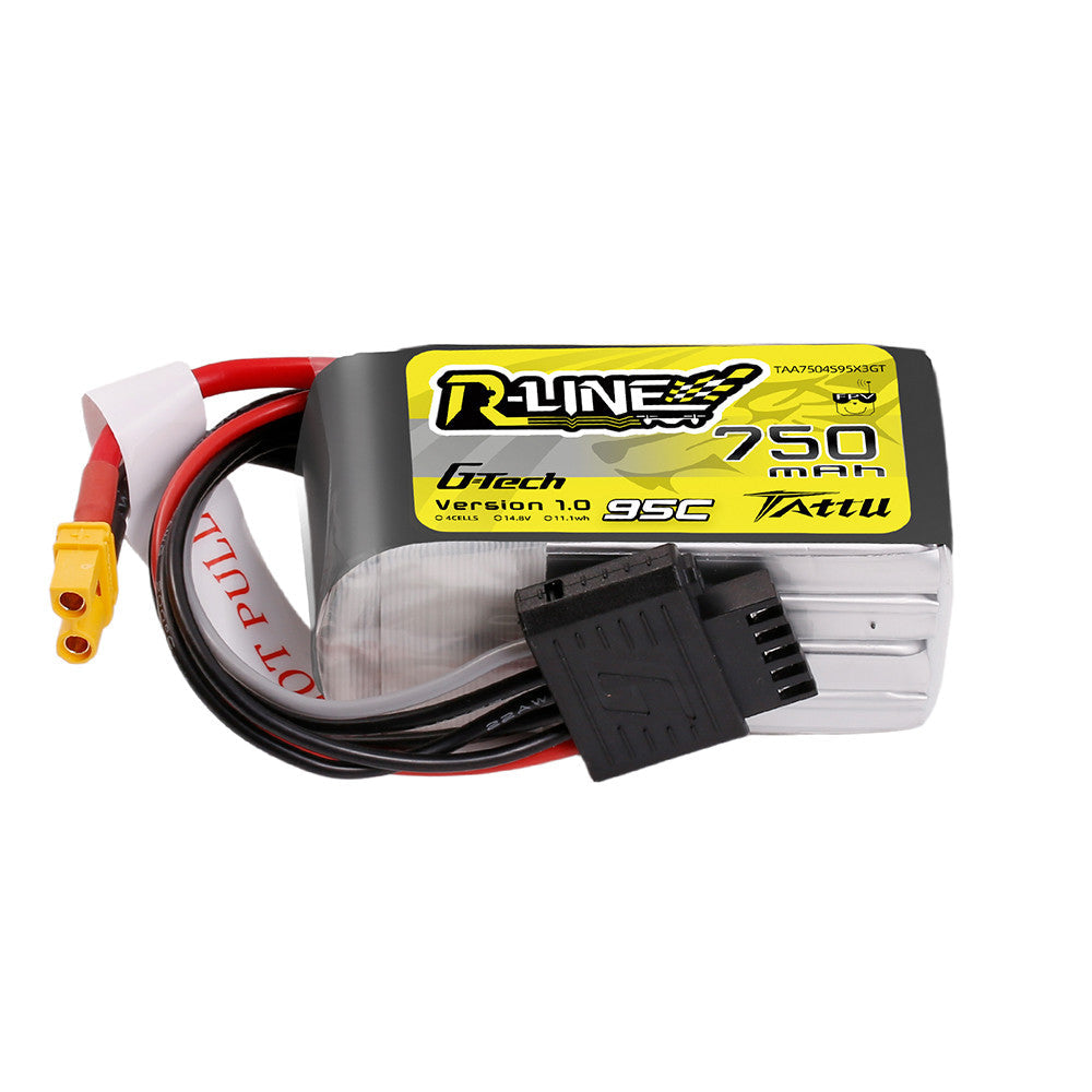 Tattu R-Line 750mAh 4S 14.8V 95C LiPo battery pack with XT30U-F lead and balance connector