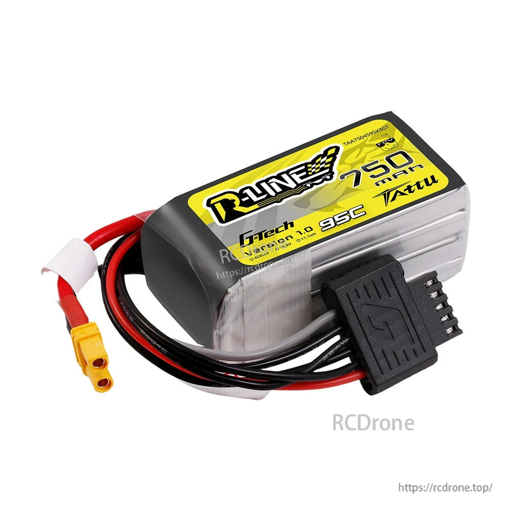Tattu R-Line 750mAh 4S 14.8V 95C LiPo battery pack with XT30 plug and G-Tech balance connector