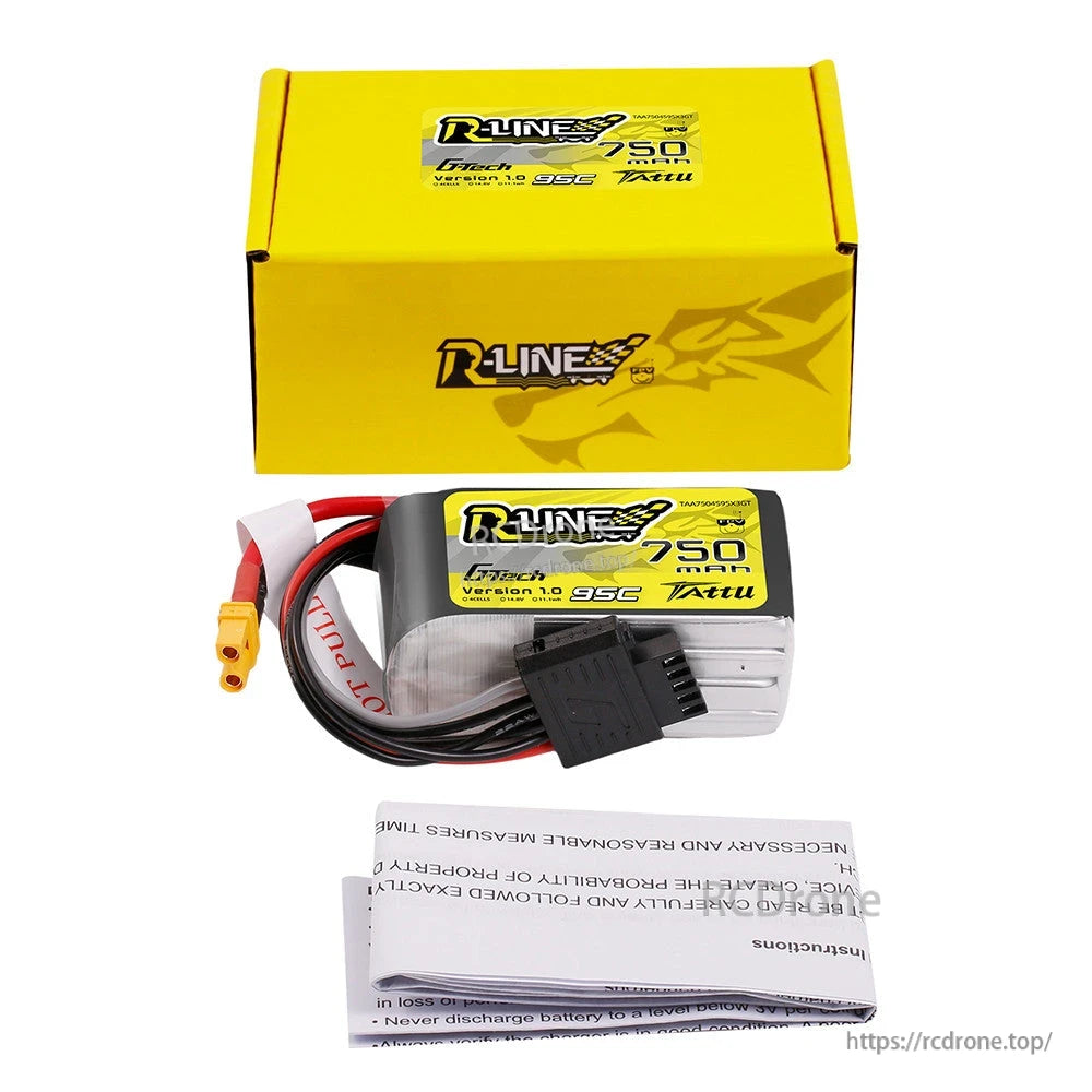 Tattu R-Line 750mAh 95C LiPo battery pack with XT30 plug, balance lead, yellow box and manual