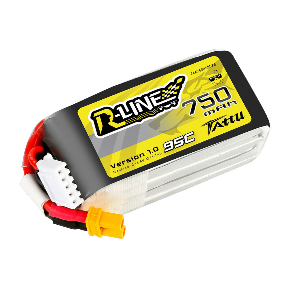 Tattu R-Line 750mAh 4S 14.8V 95C LiPo battery pack with XT30-style main lead and white balance connector