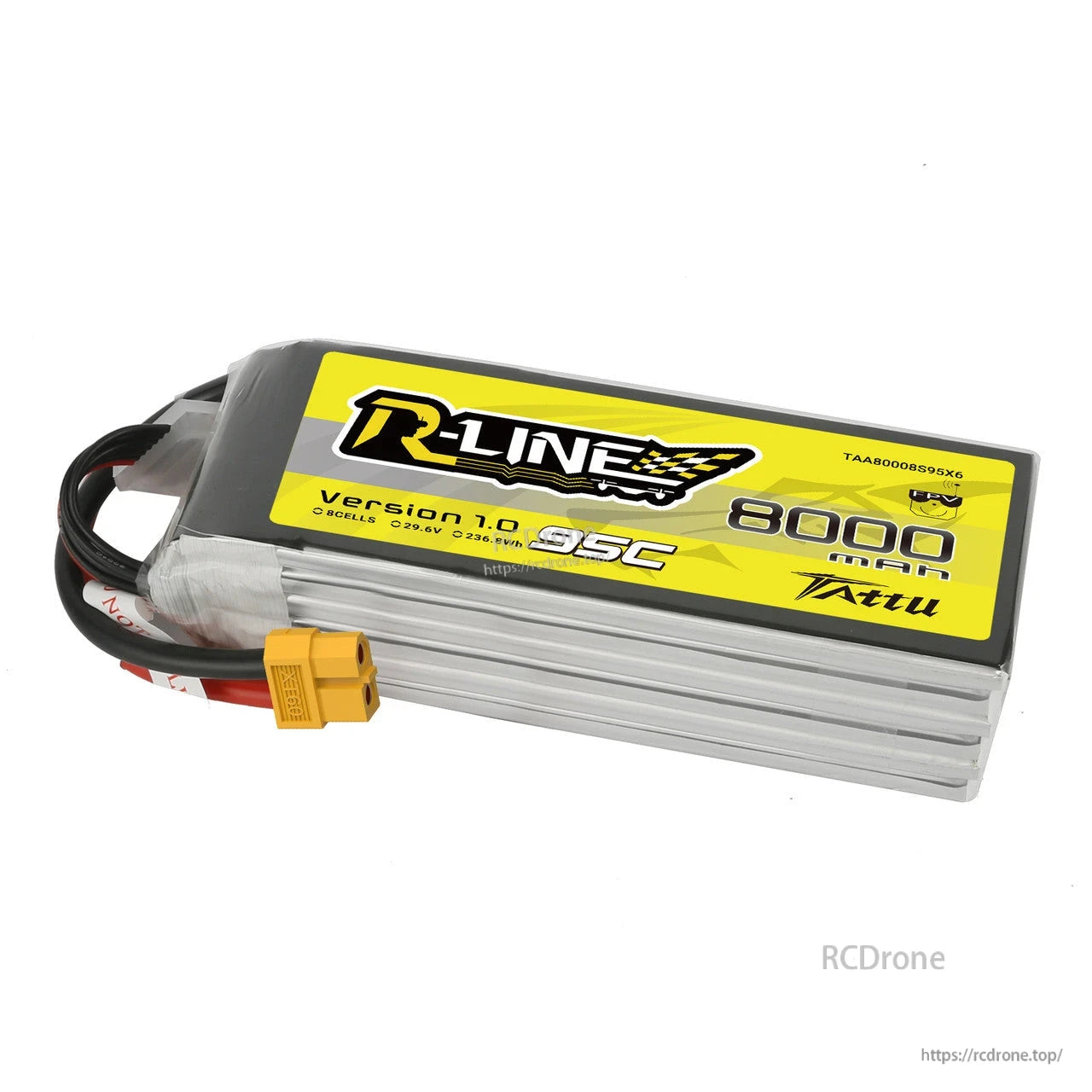 Tattu R-Line 8000mAh 8S 29.6V LiPo battery pack with 95C label and XT60 plug lead