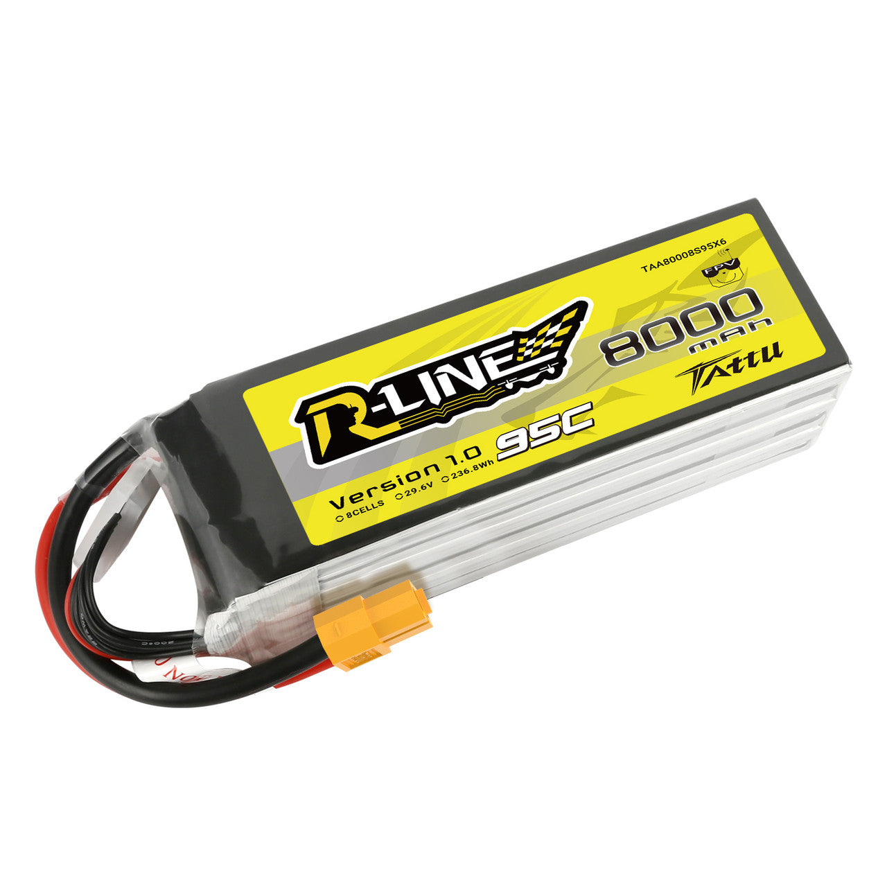 Tattu R-Line 8000mAh 8S LiPo battery pack with yellow label and XT60 connector lead (95C, 29.6V)