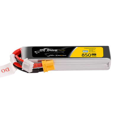 Tattu R-Line 850mAh 2S 7.6V HV 95C LiPo Battery, Tattu R-Line 850mAh 2S 7.6V HV LiPo battery pack with XT30 main lead and white balance connector