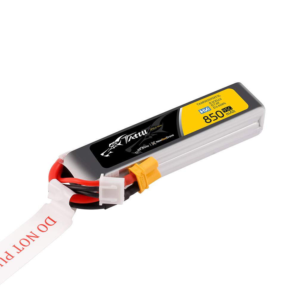 Tattu R-Line 850mAh 2S 7.6V HV 95C LiPo Battery, Tattu R-Line HV 2S 850mAh 7.6V LiPo battery pack with XT30 main connector and balance lead, 95C label
