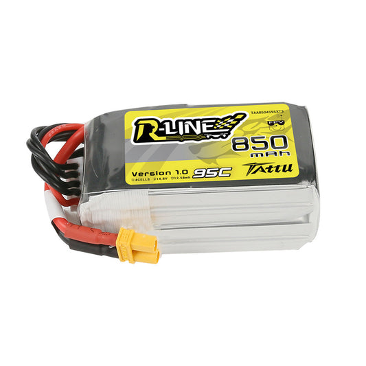 Tattu R-Line 850mAh 4S 14.8V 95C LiPo Battery, Tattu R-Line 850mAh 95C 4S LiPo battery pack with yellow XT30 connector and balance lead