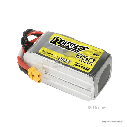 Tattu R-Line 850mAh 4S 14.8V 95C LiPo Battery, Tattu R-Line 850mAh 4S LiPo battery pack with 95C label, XT30 connector, and balance lead