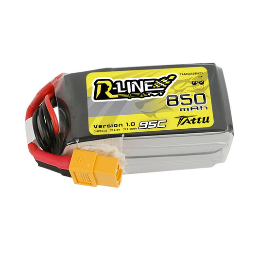 Tattu R-Line 850mAh 4S 14.8V LiPo battery pack with 95C label and XT60 connector leads