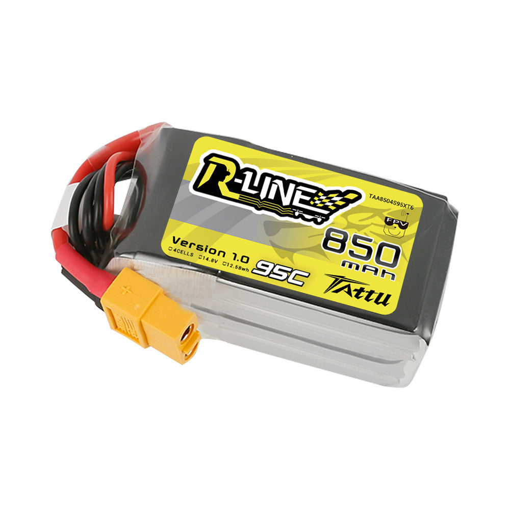 Tattu R-Line 850mAh 4S 14.8V LiPo battery pack with XT60 connector, balance lead, and 95C label