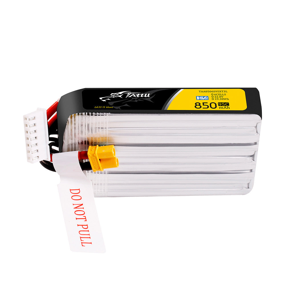 Tattu R-Line 850mAh 6S 22.8V 95C HV LiPo Battery, Tattu R-Line HV 6S 850mAh LiPo long pack battery with XT30 lead, 7-pin balance plug, and pull tab