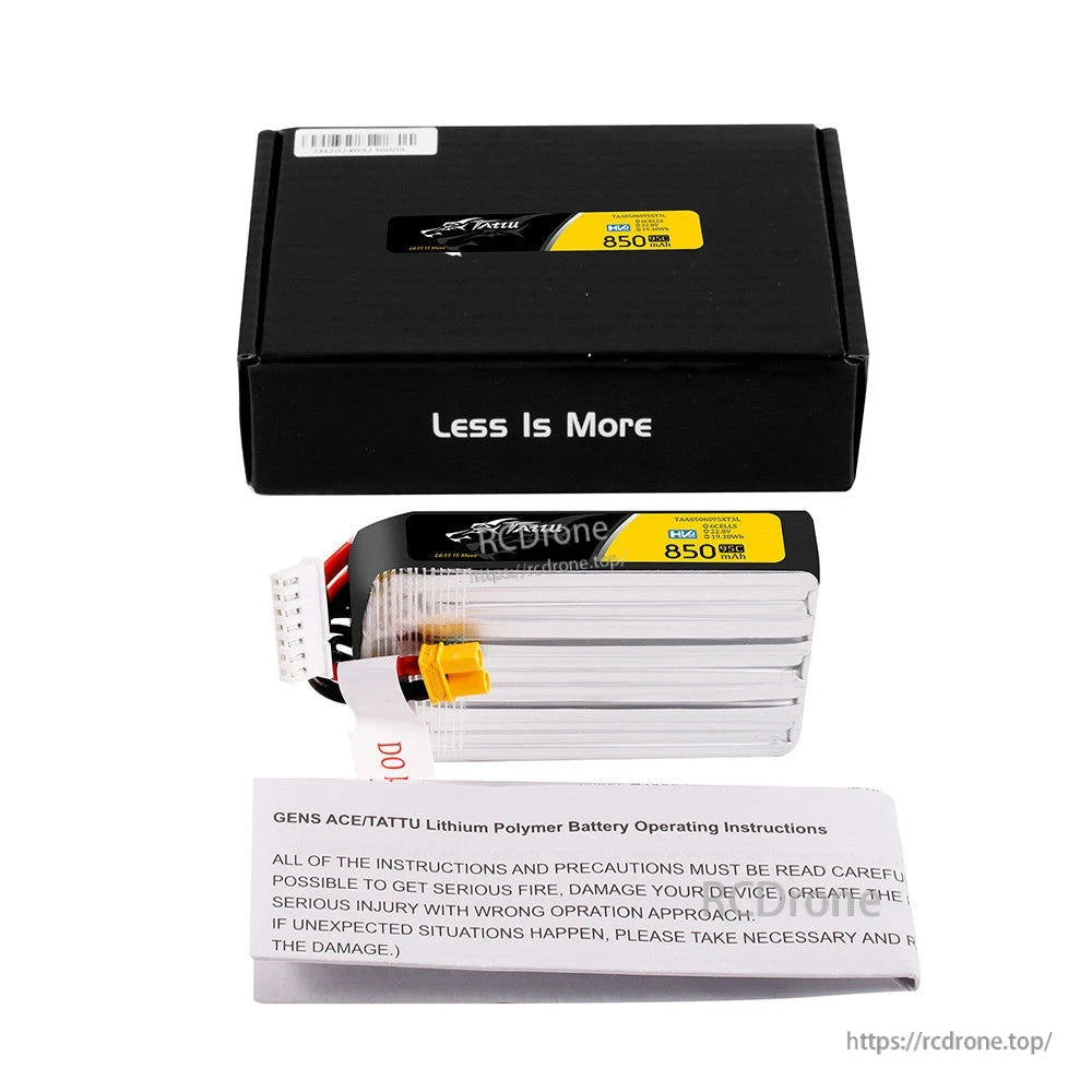Tattu R-Line 850mAh 6S 22.8V 95C HV LiPo Battery, Tattu R-Line 850mAh HV LiPo long pack with XT30 main lead and 7-pin JST-XHR balance plug, box and manual