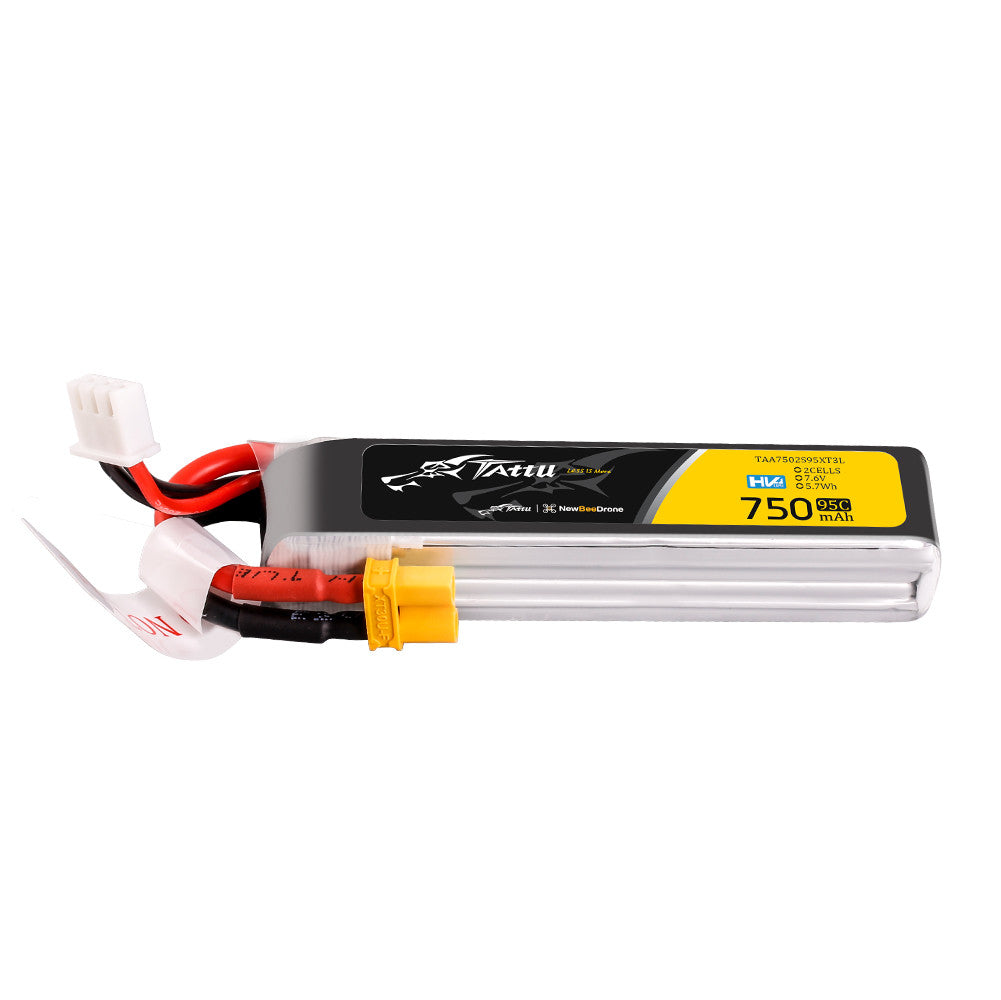 Tattu R-Line HV 750mAh 2S 7.6V 95C LiPo Battery, Tattu R-Line HV 750mAh 2S 7.6V LiPo battery pack with yellow XT30 lead and JST-XHR balance plug