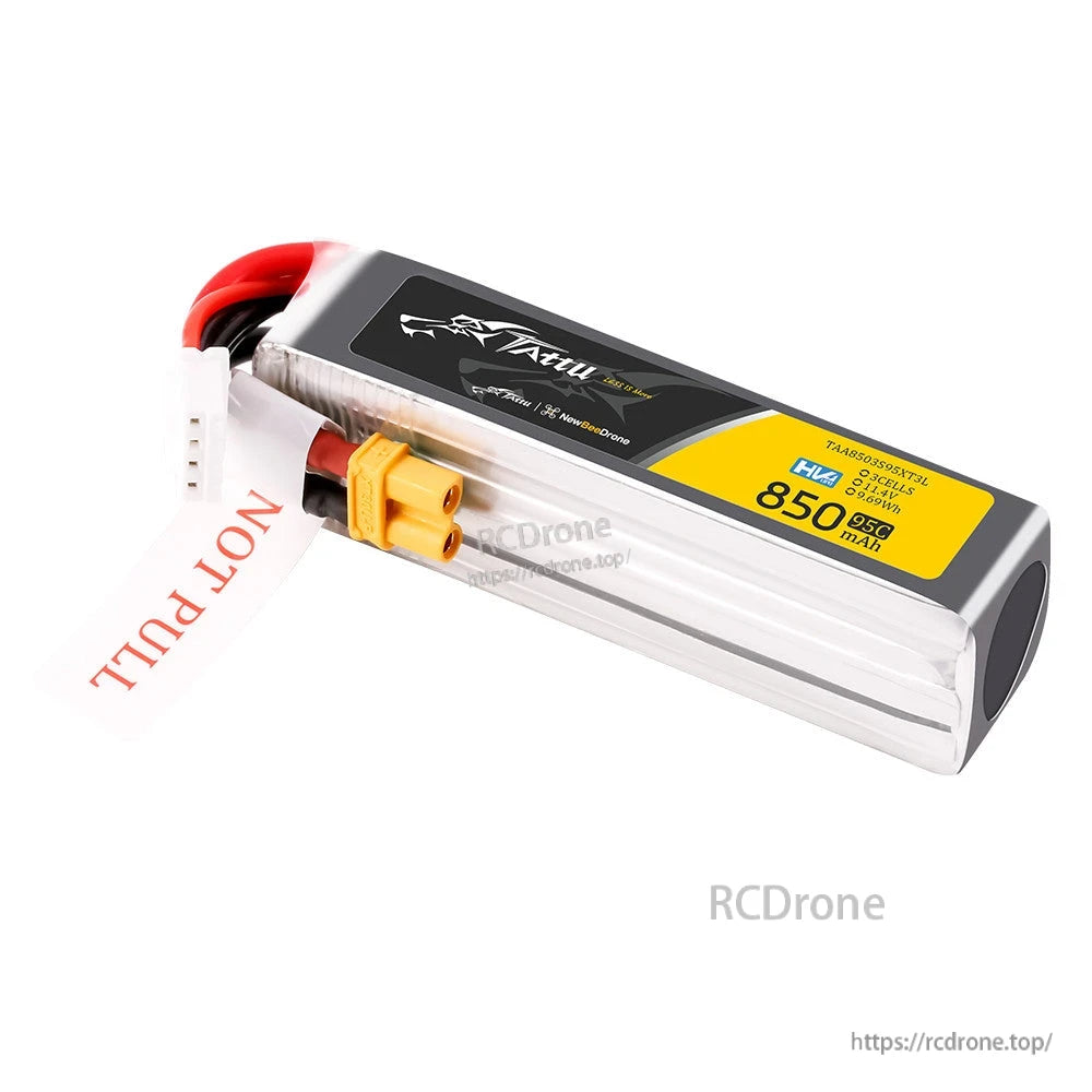 Tattu R-Line HV LiPo battery pack with XT30 plug and balance lead, labeled 850mAh 95C 7.6V