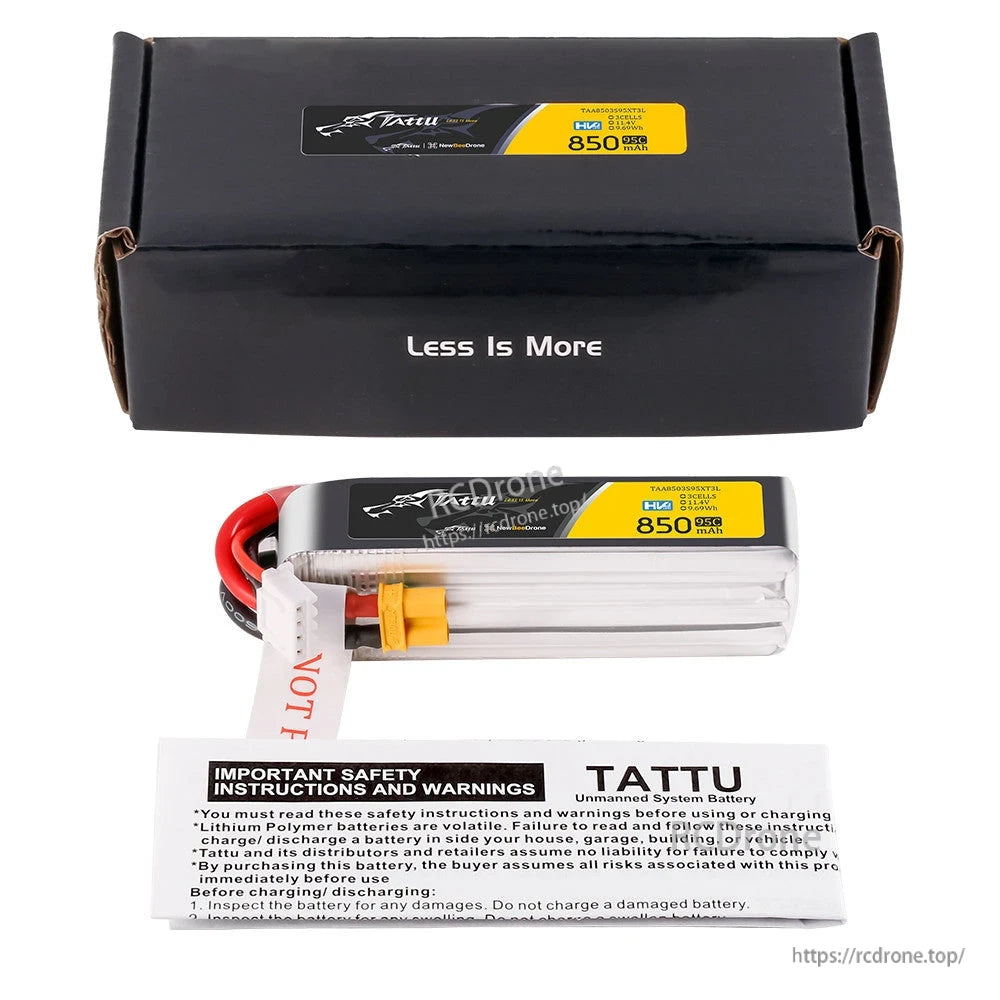 Tattu R-Line HV LiPo Battery, Tattu R-Line HV 850mAh LiPo battery pack with XT30 connector, balance lead, and branded box