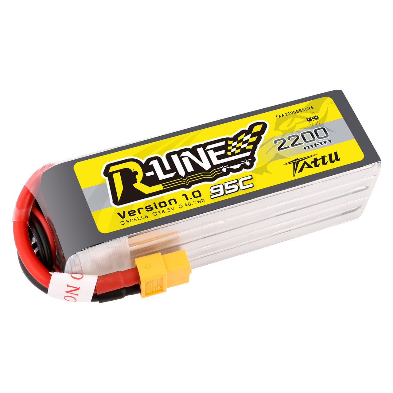 Tattu R-Line LiPo battery pack, 2200mAh 5S 18.5V 95C, with yellow XT60 connector and leads