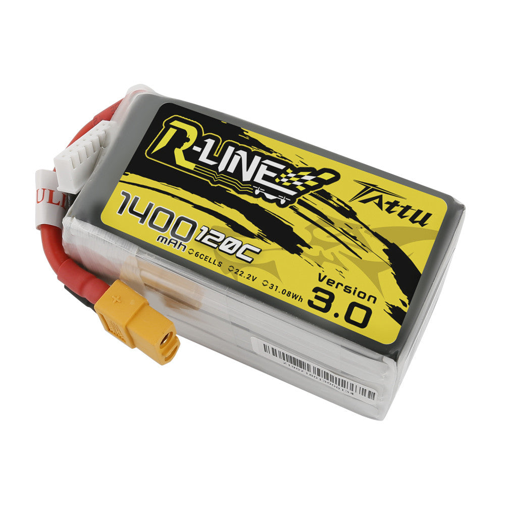 Tattu R-Line Version 3.0 1400mAh 6S 22.2V LiPo battery pack with XT60 connector and balance lead