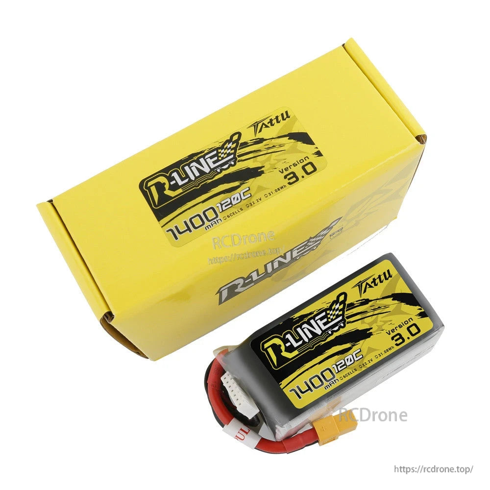 Tattu R-Line V3.0 1400mAh 6S 120C LiPo battery pack with XT60 lead and white balance plug, with box