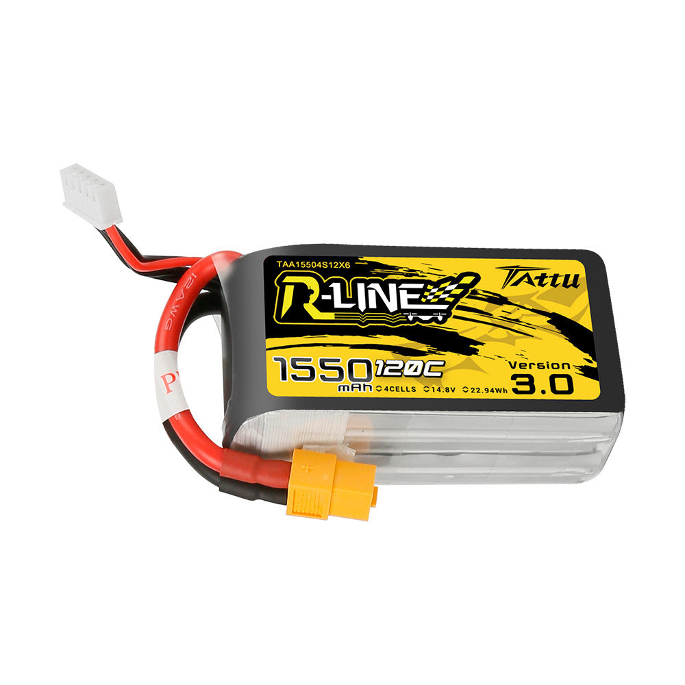 Tattu R-Line V3.0 1550mAh 4S 14.8V 120C LiPo battery with XT60 plug and JST-XHR balance lead