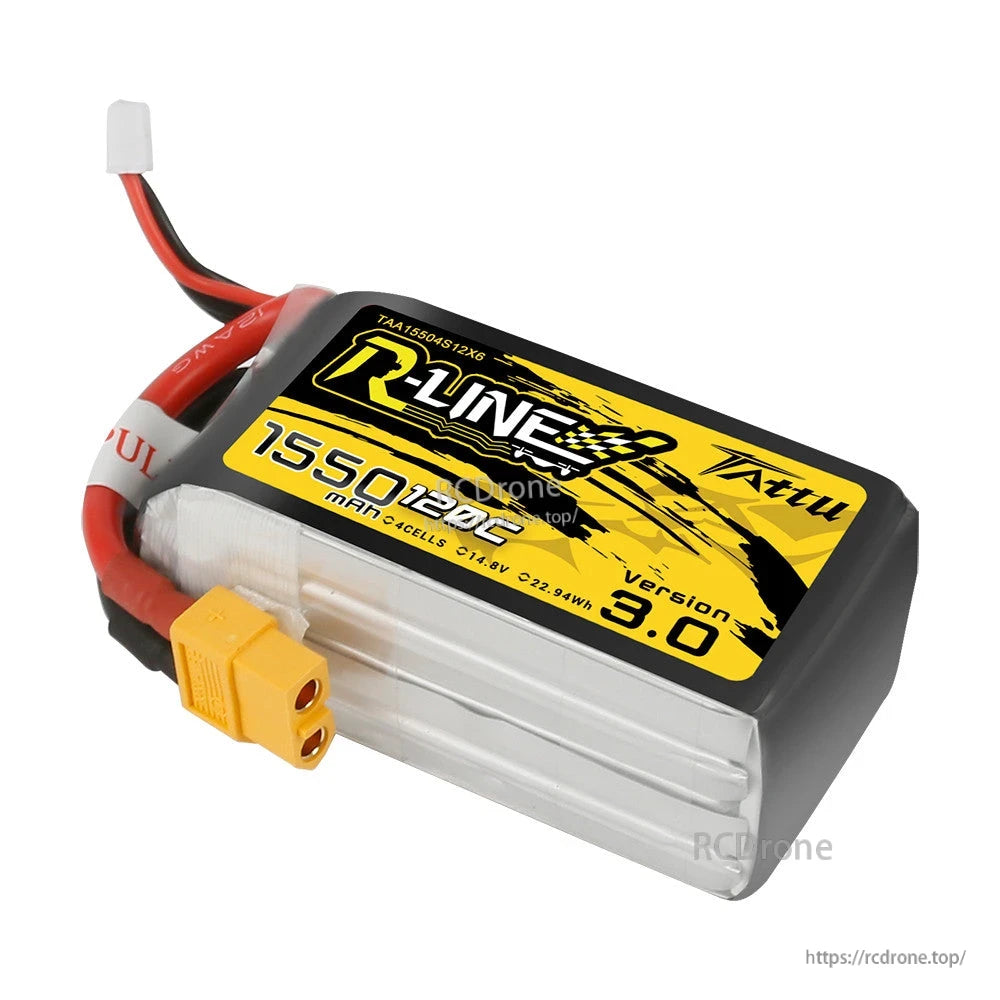 Tattu R-Line V3.0 1550mAh 4S 120C LiPo battery pack with XT60 main plug and JST-XH balance lead