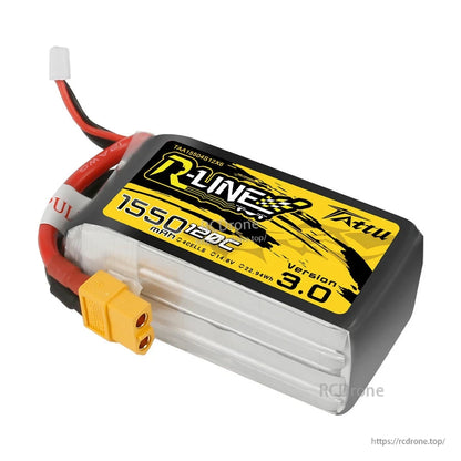 Tattu R-Line V3.0 1550mAh 4S 120C LiPo battery pack with XT60 main plug and JST-XH balance lead