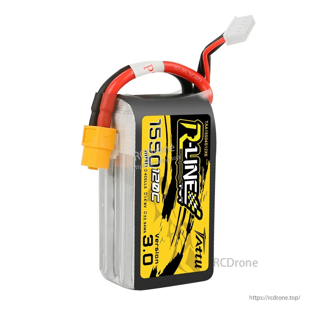 Tattu R-Line V3.0 1550mAh 4S 14.8V 120C LiPo battery pack with XT60 lead and JST-XH balance plug